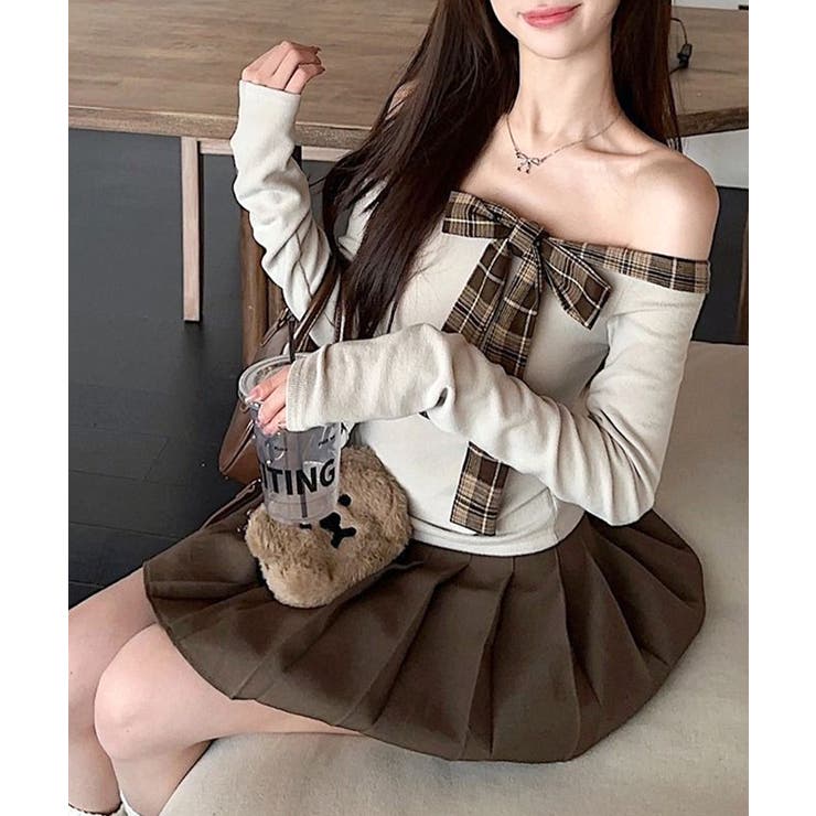 チェックリボンオフショルトップス オフショルダー Tシャツ | Riff | 詳細画像15 