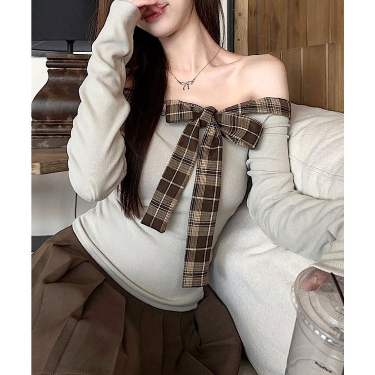 チェックリボンオフショルトップス オフショルダー Tシャツ | Riff | 詳細画像16 