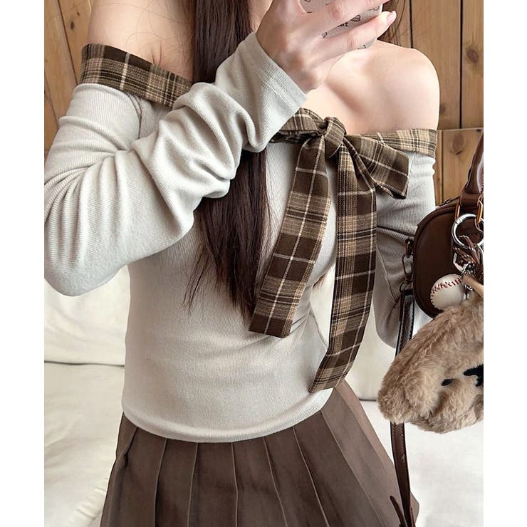 チェックリボンオフショルトップス オフショルダー Tシャツ | Riff | 詳細画像17 