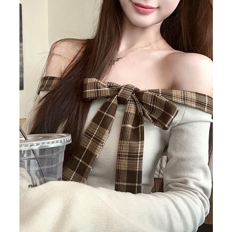 チェックリボンオフショルトップス オフショルダー Tシャツ | Riff | 詳細画像18 