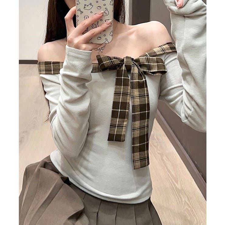 チェックリボンオフショルトップス オフショルダー Tシャツ | Riff | 詳細画像19 