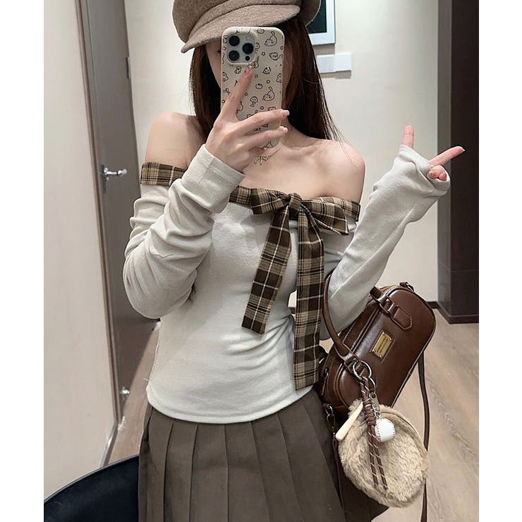 チェックリボンオフショルトップス オフショルダー Tシャツ | Riff | 詳細画像20 