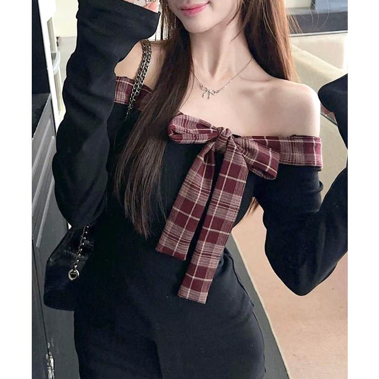 チェックリボンオフショルトップス オフショルダー Tシャツ | Riff | 詳細画像8 