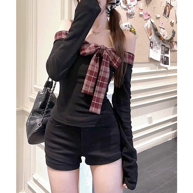 チェックリボンオフショルトップス オフショルダー Tシャツ | Riff | 詳細画像9 