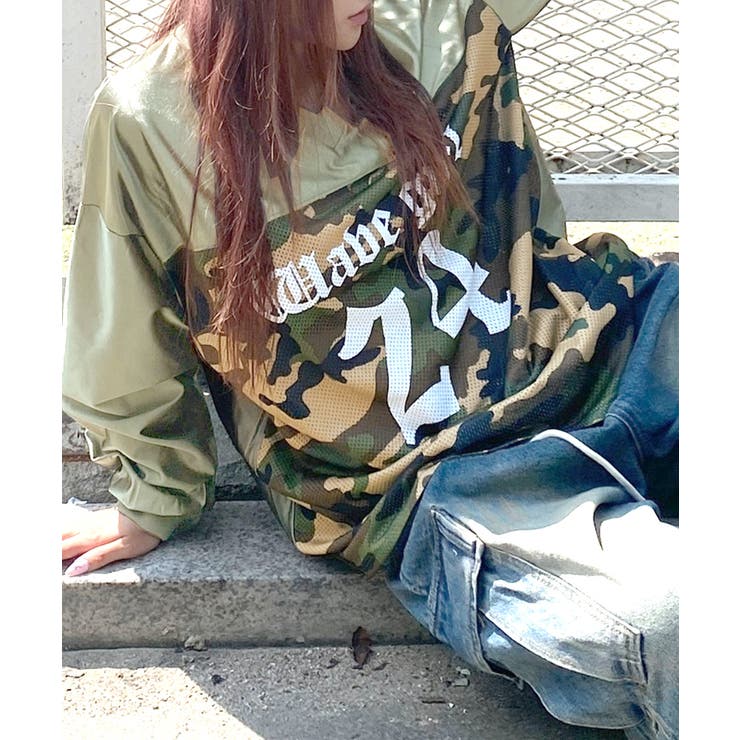 迷彩柄ナンバープリントトップス メッシュ Vネック | Riff | 詳細画像14 