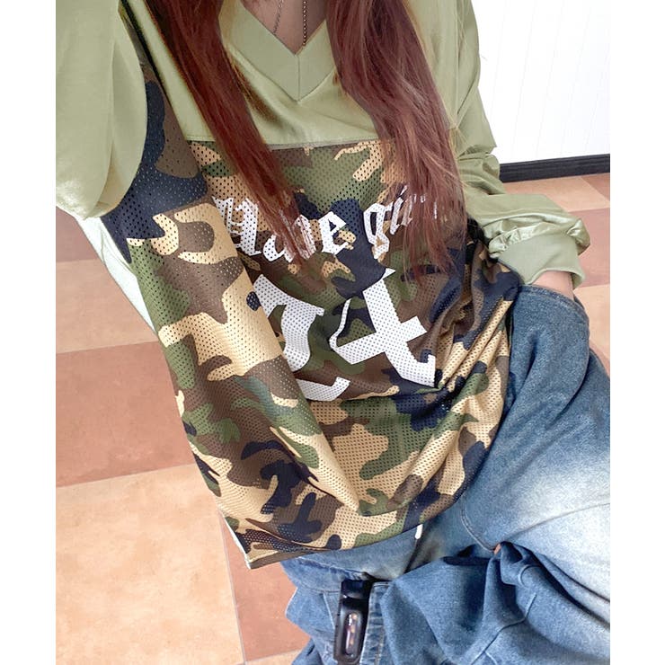 迷彩柄ナンバープリントトップス メッシュ Vネック | Riff | 詳細画像15 