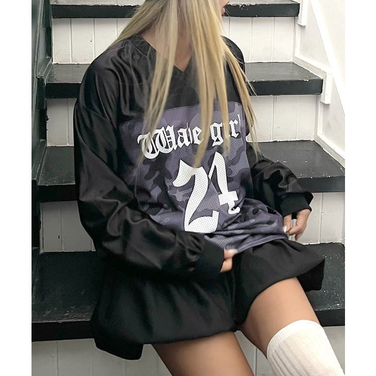 迷彩柄ナンバープリントトップス メッシュ Vネック | Riff | 詳細画像6 