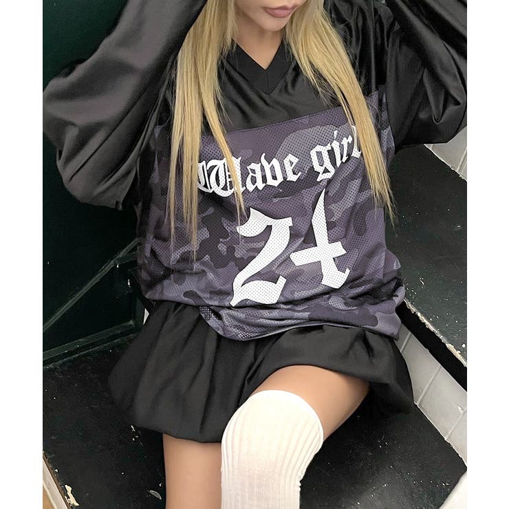 迷彩柄ナンバープリントトップス メッシュ Vネック | Riff | 詳細画像7 