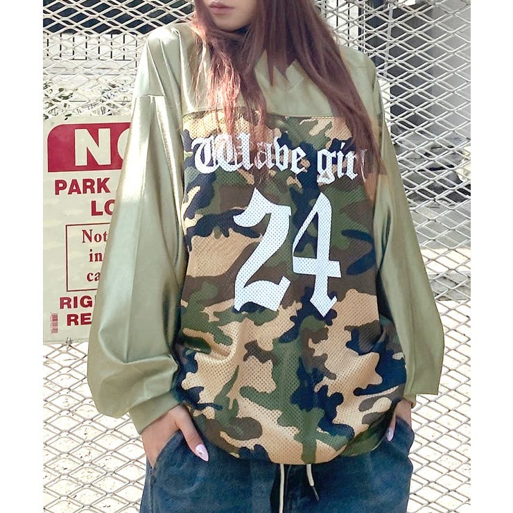 カーキ | 迷彩柄ナンバープリントトップス メッシュ Vネック | Riff