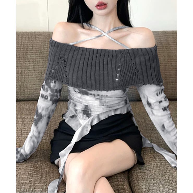 グレー | タイダイ柄オフショルトップス オフショルダー シアー | Riff