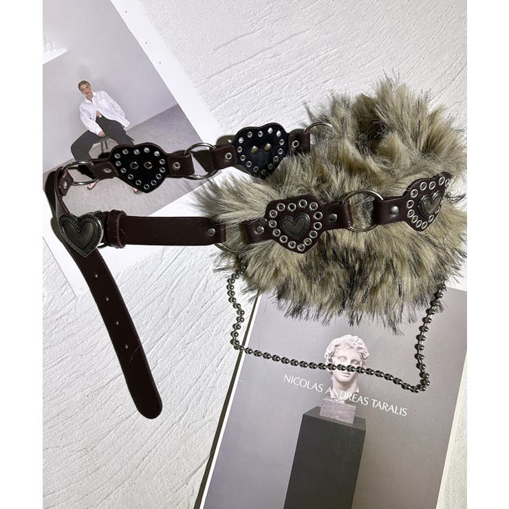 ブラウン | ハートバックルチェーン付きファーベルト フェイクファー 太ベルト | Riff