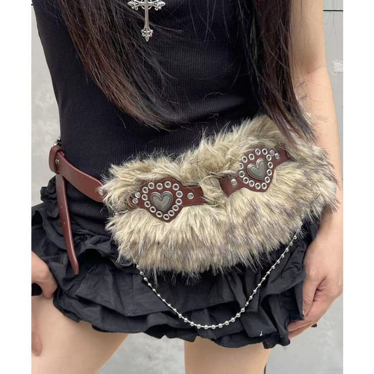 キャメル | ハートバックルチェーン付きファーベルト フェイクファー 太ベルト | Riff