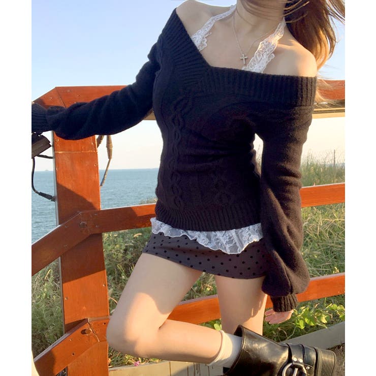 Vネックケーブルニット オフショルダー ケーブル編み | Riff | 詳細画像17 