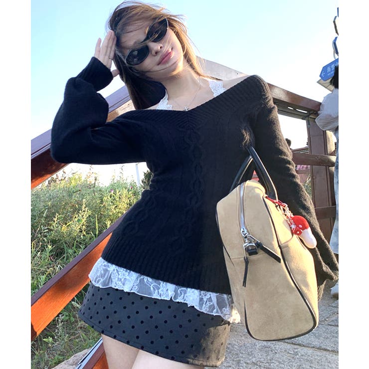 Vネックケーブルニット オフショルダー ケーブル編み | Riff | 詳細画像18 