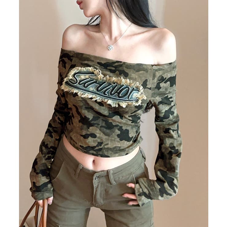 迷彩柄オフショルトップス ロゴ刺繍 オフショルダー | Riff | 詳細画像11 