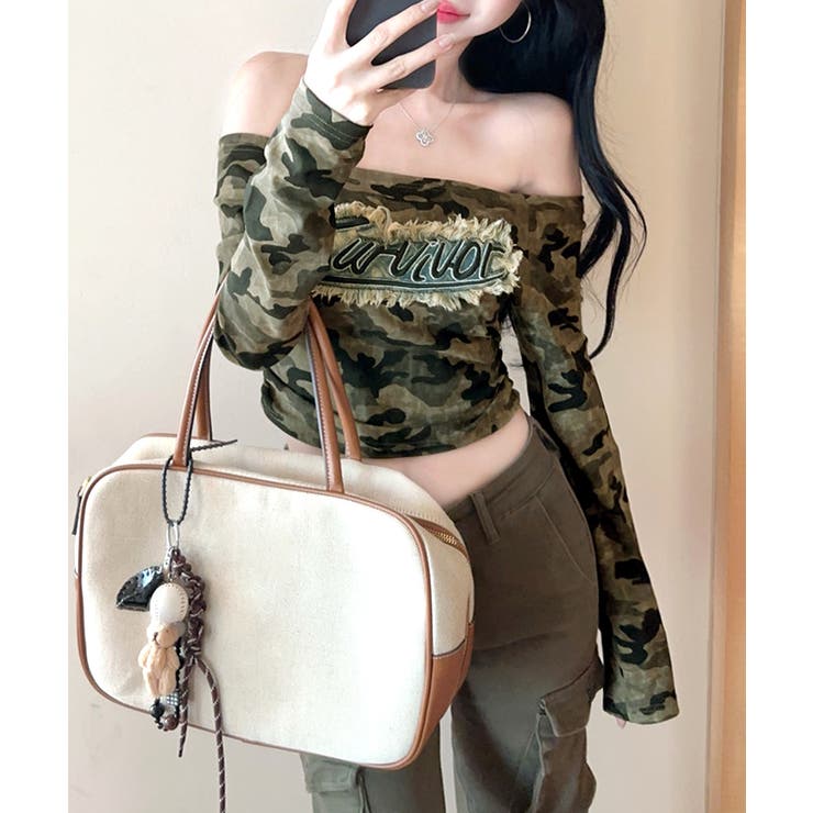 迷彩柄オフショルトップス ロゴ刺繍 オフショルダー | Riff | 詳細画像12 