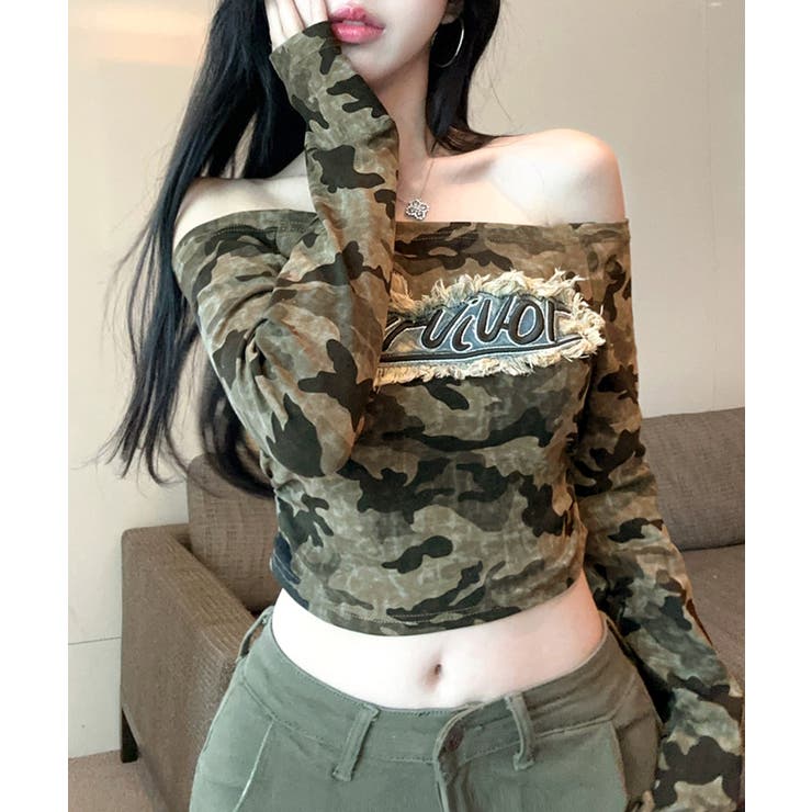 迷彩柄オフショルトップス ロゴ刺繍 オフショルダー | Riff | 詳細画像2 