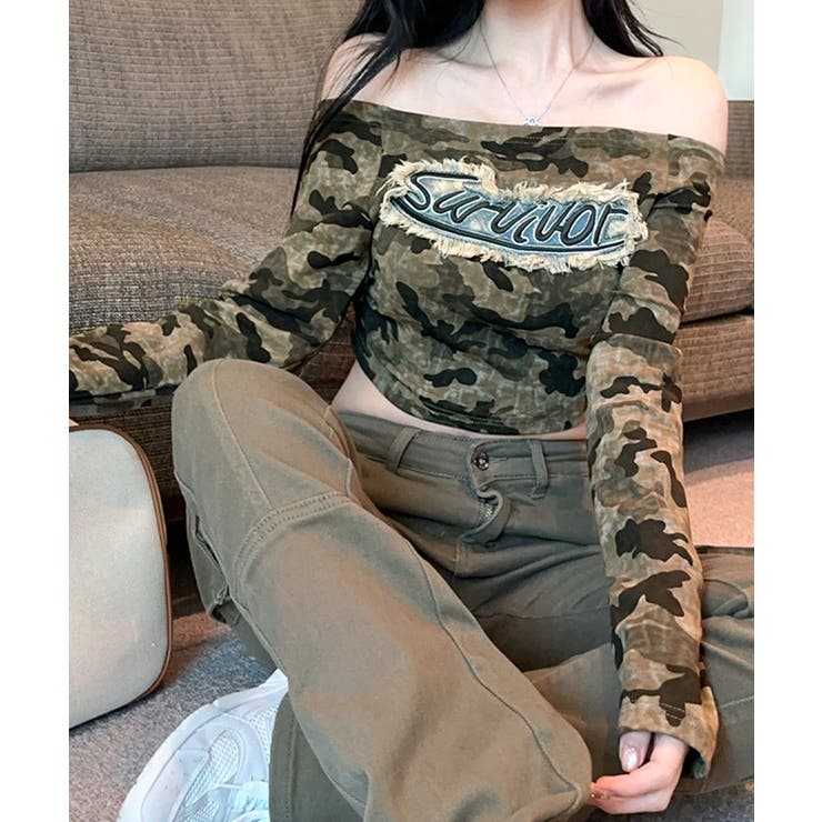 迷彩柄オフショルトップス ロゴ刺繍 オフショルダー | Riff | 詳細画像4 