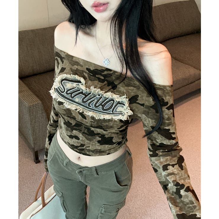 迷彩柄オフショルトップス ロゴ刺繍 オフショルダー | Riff | 詳細画像7 