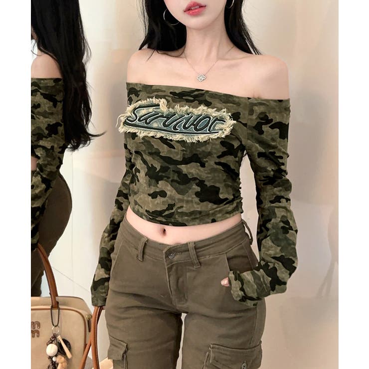 迷彩柄オフショルトップス ロゴ刺繍 オフショルダー | Riff | 詳細画像8 