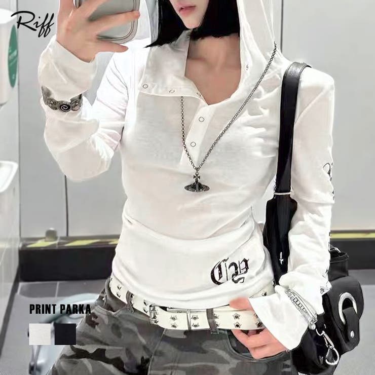 フード付き袖ロゴプリントパーカー ロンT 薄手パーカー | Riff | 詳細画像1 