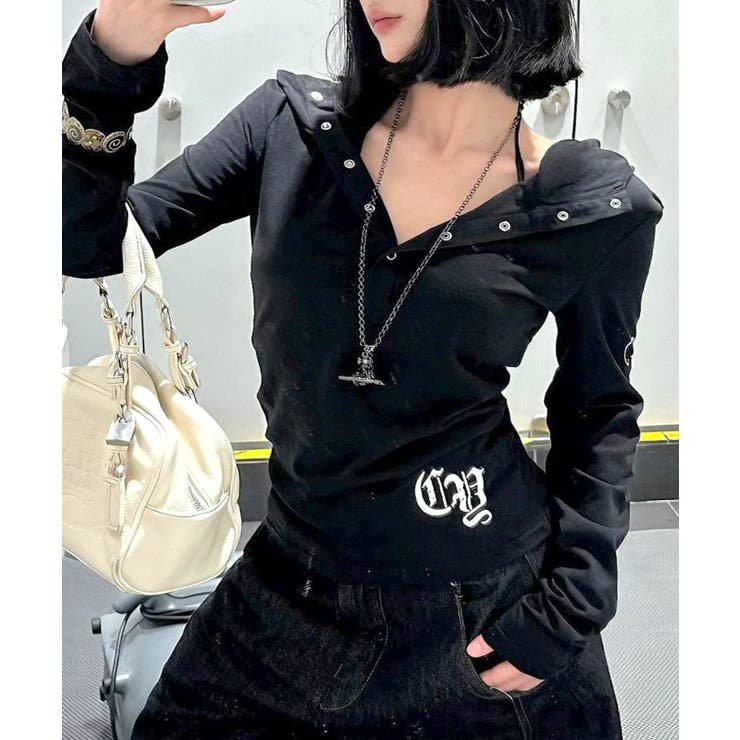 フード付き袖ロゴプリントパーカー ロンT 薄手パーカー[品番