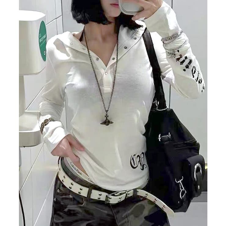 フード付き袖ロゴプリントパーカー ロンT 薄手パーカー | Riff | 詳細画像5 