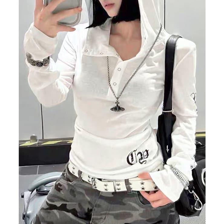 ホワイト | フード付き袖ロゴプリントパーカー ロンT 薄手パーカー | Riff