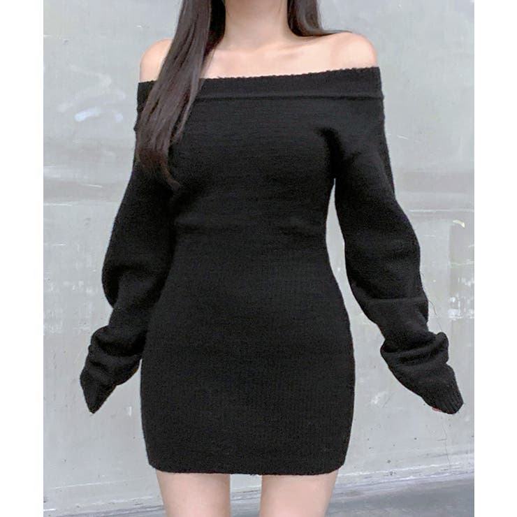 ブラック | ワンショルニットミニワンピース オフショル セーター | Riff