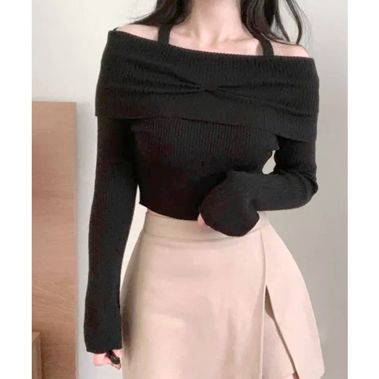 ブラック | ホルターネックオフショルリブニット オフショルダー リブ編み | Riff