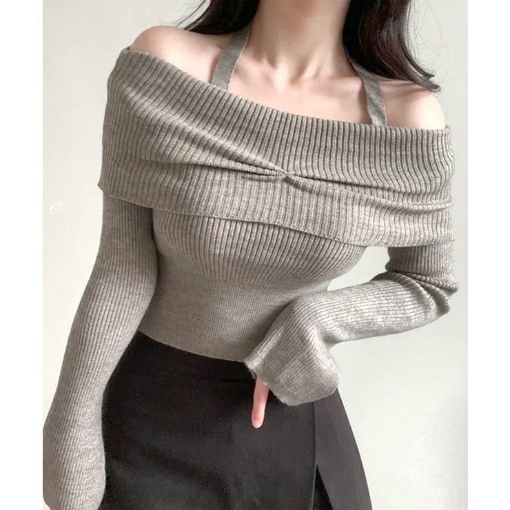 グレー | ホルターネックオフショルリブニット オフショルダー リブ編み | Riff