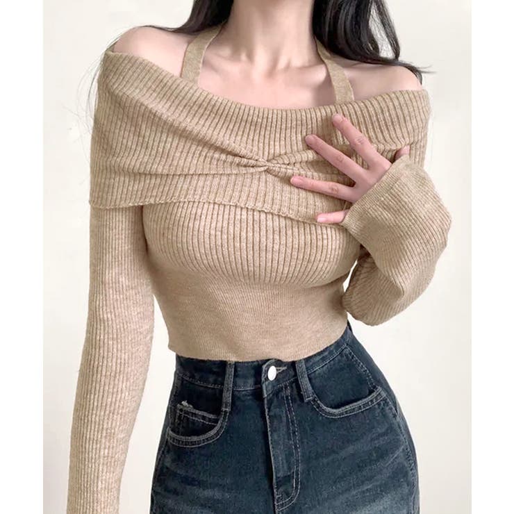 モカ | ホルターネックオフショルリブニット オフショルダー リブ編み | Riff