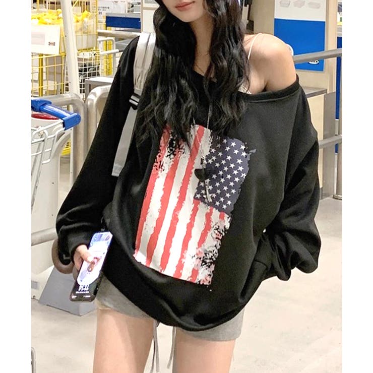 ブラック | 星条旗プリントトレーナー ロゴプリント ロゴ | Riff