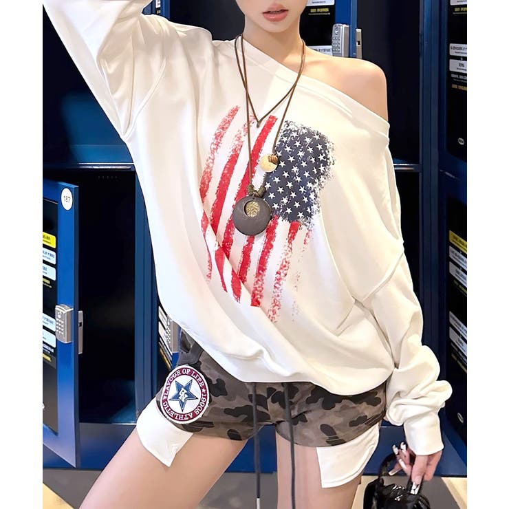 ホワイト | 星条旗プリントトレーナー ロゴプリント ロゴ | Riff