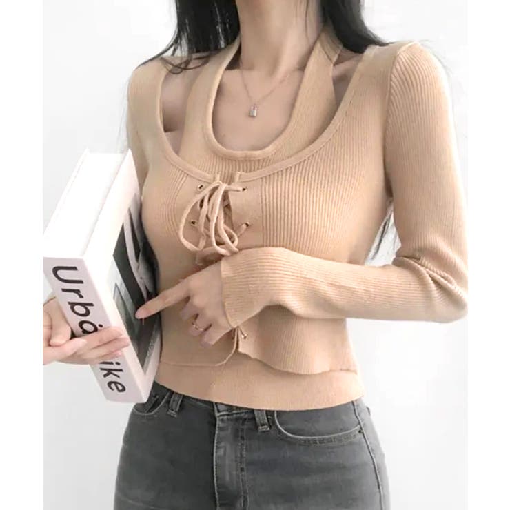 ホルターネックレイヤード風レースアップリブニット フェイクレイヤード ドッキング | Riff | 詳細画像12 