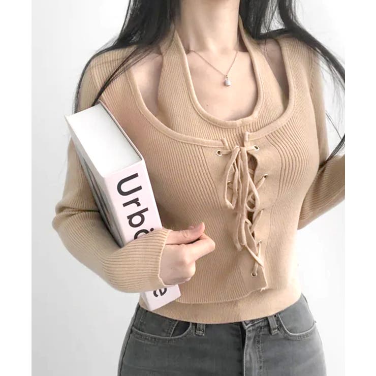 ホルターネックレイヤード風レースアップリブニット フェイクレイヤード ドッキング | Riff | 詳細画像14 