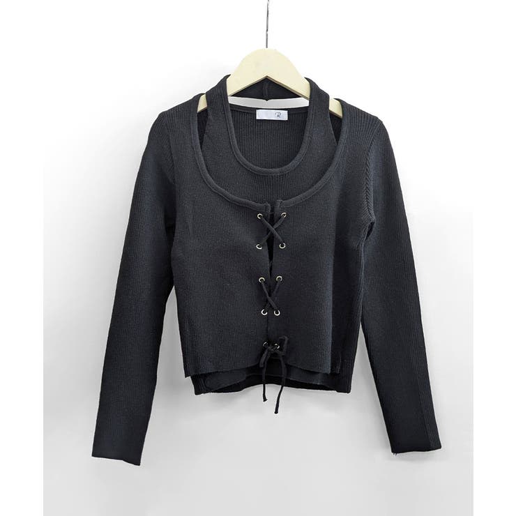 ホルターネックレイヤード風レースアップリブニット フェイクレイヤード ドッキング | Riff | 詳細画像18 