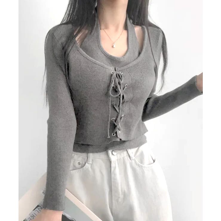 ホルターネックレイヤード風レースアップリブニット フェイクレイヤード ドッキング | Riff | 詳細画像3 