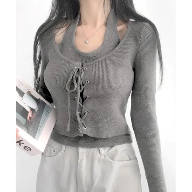 ホルターネックレイヤード風レースアップリブニット フェイクレイヤード ドッキング | Riff | 詳細画像5 