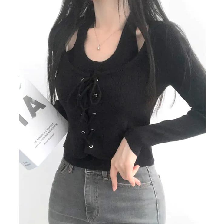 ホルターネックレイヤード風レースアップリブニット フェイクレイヤード ドッキング | Riff | 詳細画像7 