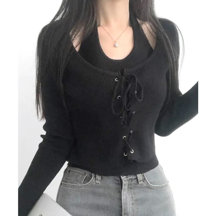 ホルターネックレイヤード風レースアップリブニット フェイクレイヤード ドッキング | Riff | 詳細画像8 