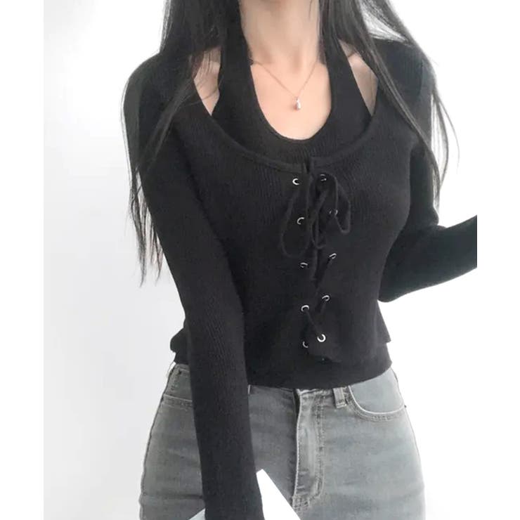 ホルターネックレイヤード風レースアップリブニット フェイクレイヤード ドッキング | Riff | 詳細画像9 