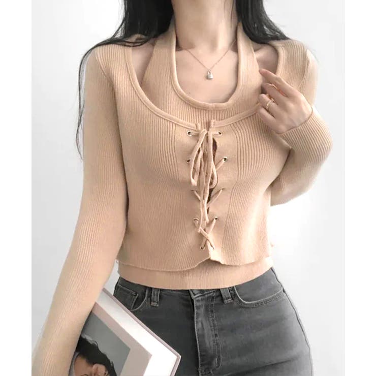 ベージュ | ホルターネックレイヤード風レースアップリブニット フェイクレイヤード ドッキング | Riff