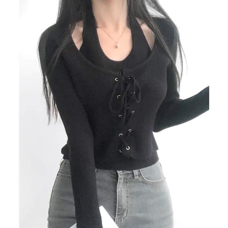 ブラック | ホルターネックレイヤード風レースアップリブニット フェイクレイヤード ドッキング | Riff