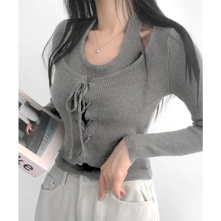 チャコールグレー | ホルターネックレイヤード風レースアップリブニット フェイクレイヤード ドッキング | Riff