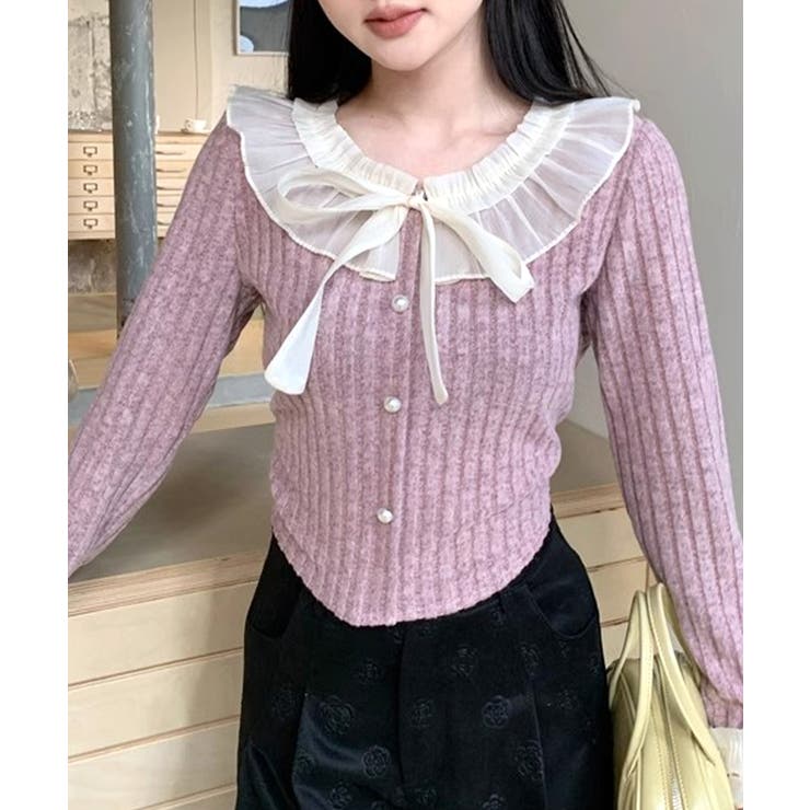 シフォンブラウスレイヤード風ニット カーディガン フリル | Riff | 詳細画像10 