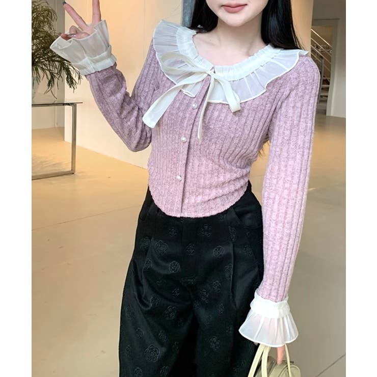 シフォンブラウスレイヤード風ニット カーディガン フリル | Riff | 詳細画像12 