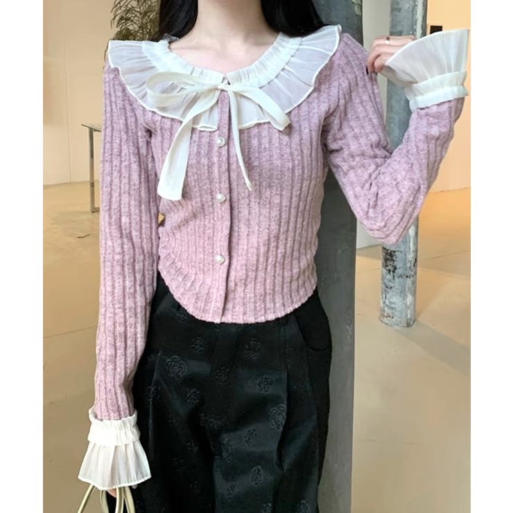 シフォンブラウスレイヤード風ニット カーディガン フリル | Riff | 詳細画像13 