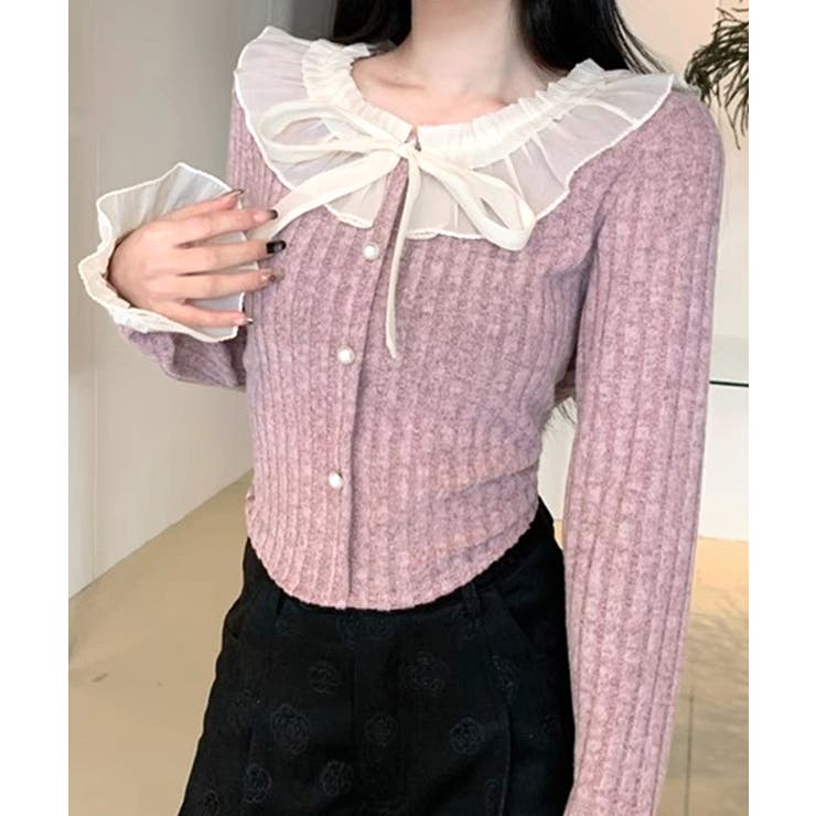 シフォンブラウスレイヤード風ニット カーディガン フリル | Riff | 詳細画像14 