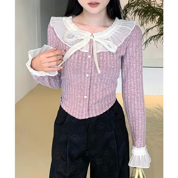 シフォンブラウスレイヤード風ニット カーディガン フリル | Riff | 詳細画像15 